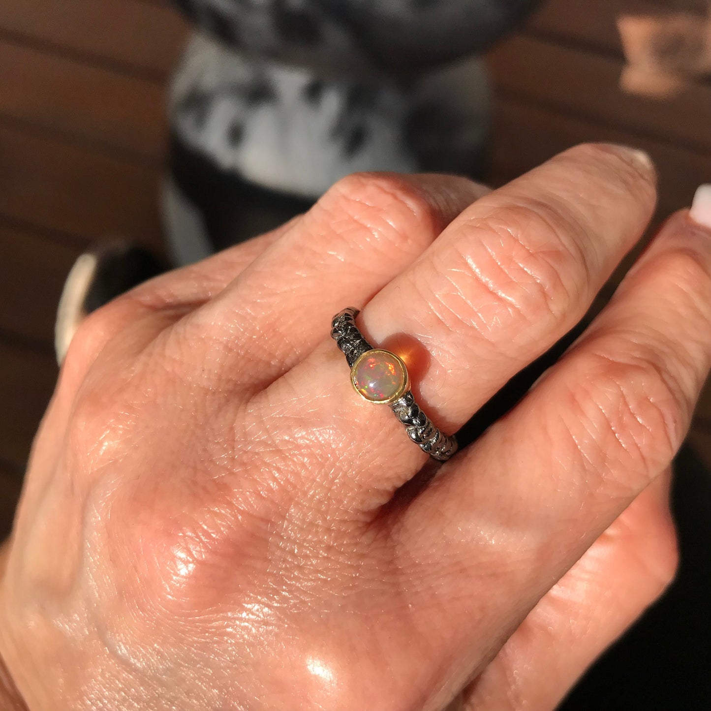 Natural black  fire opal dainty Sterling Silver Ring 7