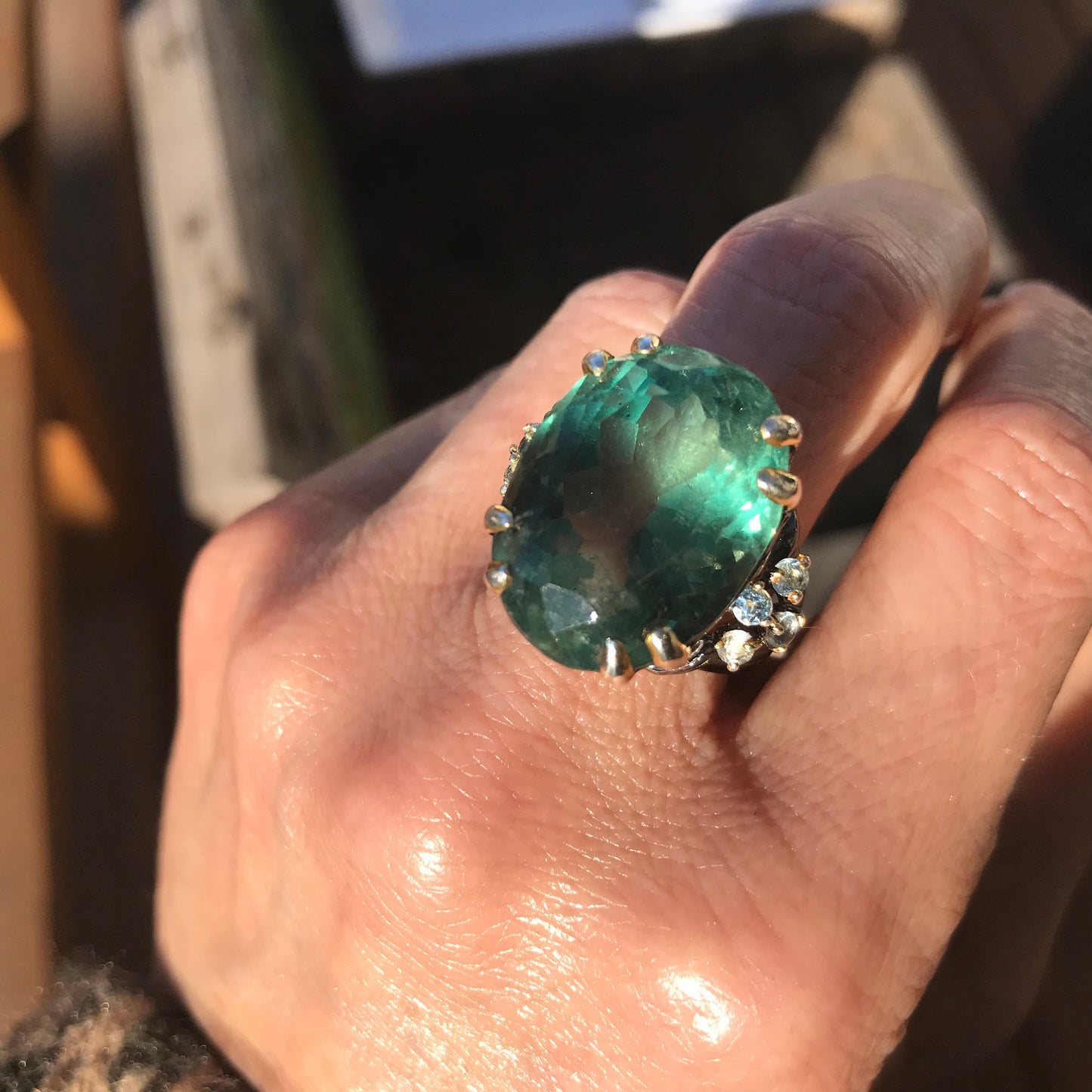 Sterling  silver emerald  green fluorite statement ring 8.5