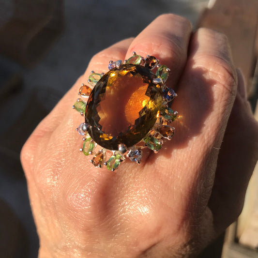 sterling silver cognac quartz statement ring huge fancy ring 8.5
