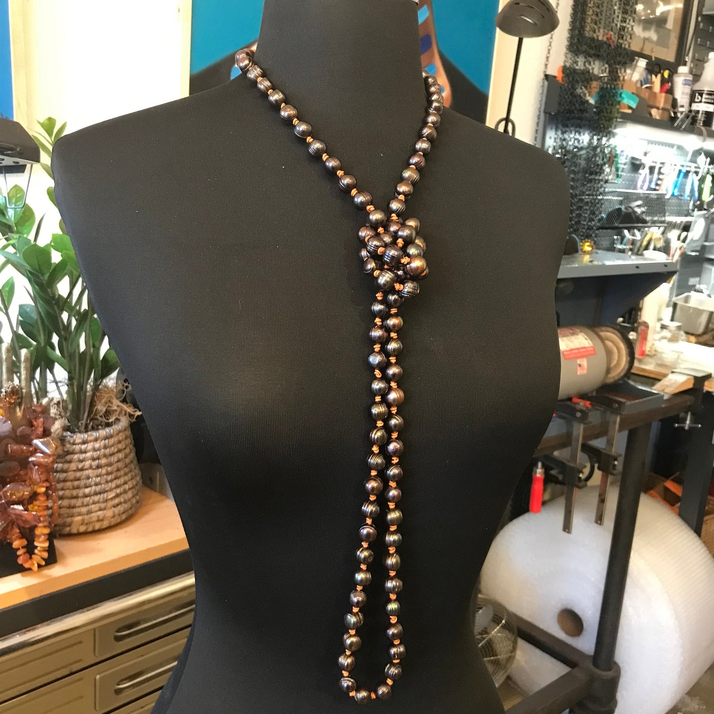Natural cultivated pearls black long pearl leather necklace 53”