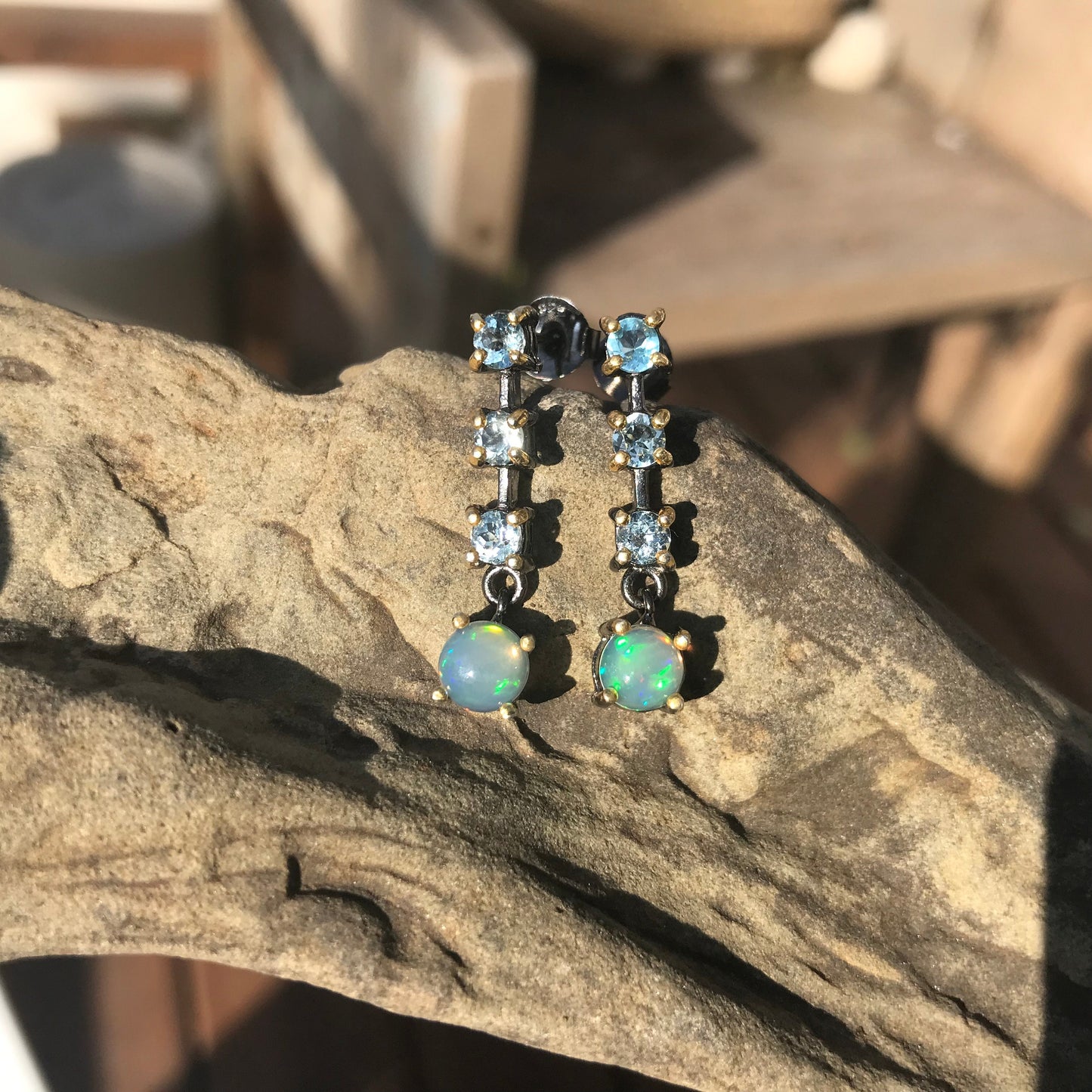 Sterling Silver Rainbow Opal Blue Topaz dangle Earrings