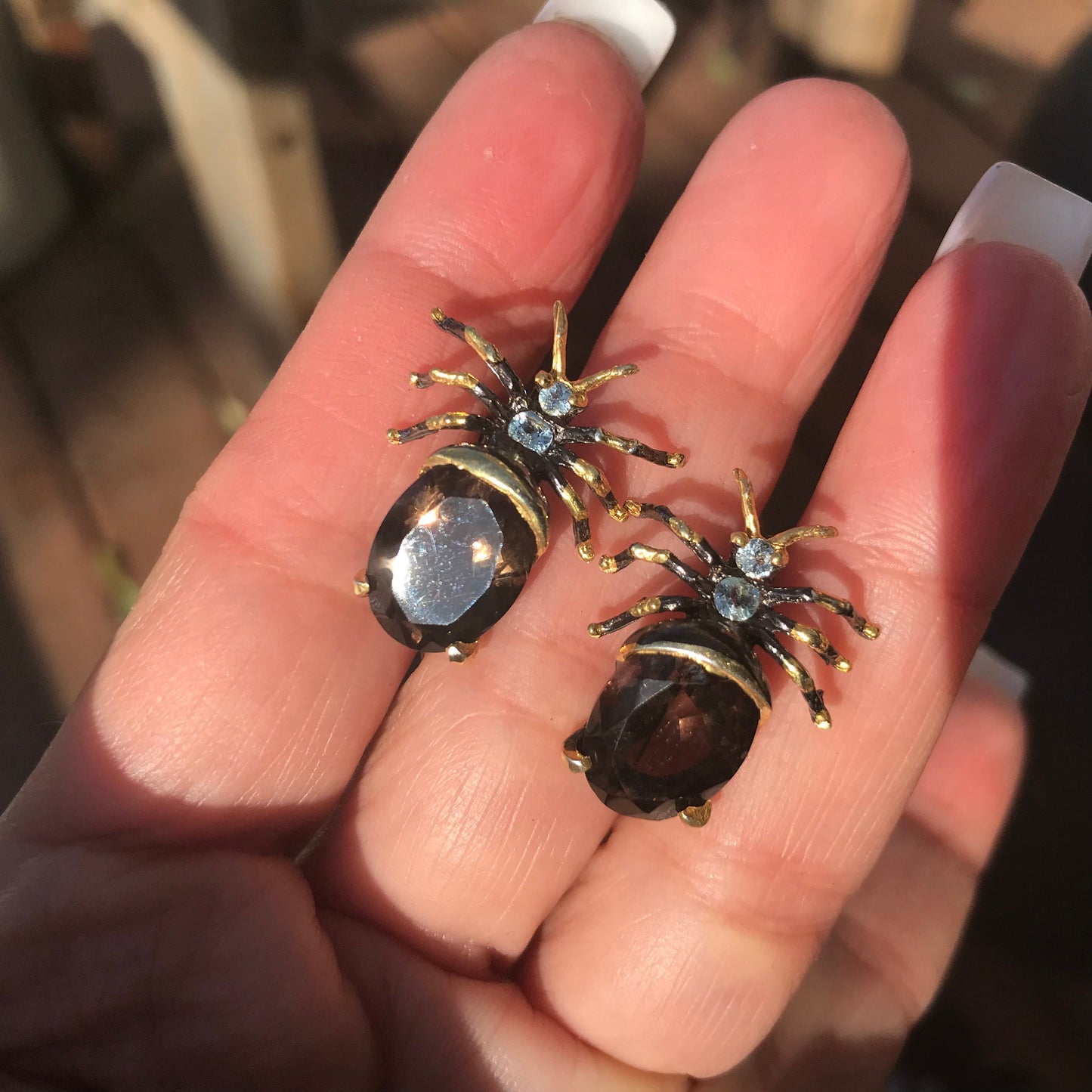 Sterling Silver Smokey quartz ant insect  stud Earrings