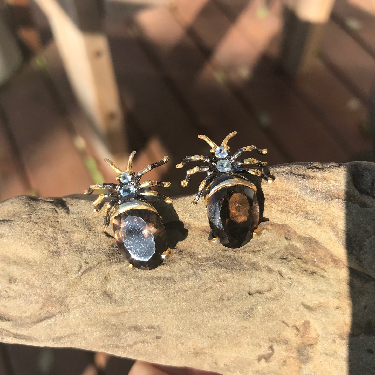 Sterling Silver Smokey quartz ant insect  stud Earrings