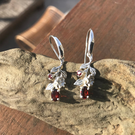 Handmade Sterling Silver Red garnet Natural art dangle earrings