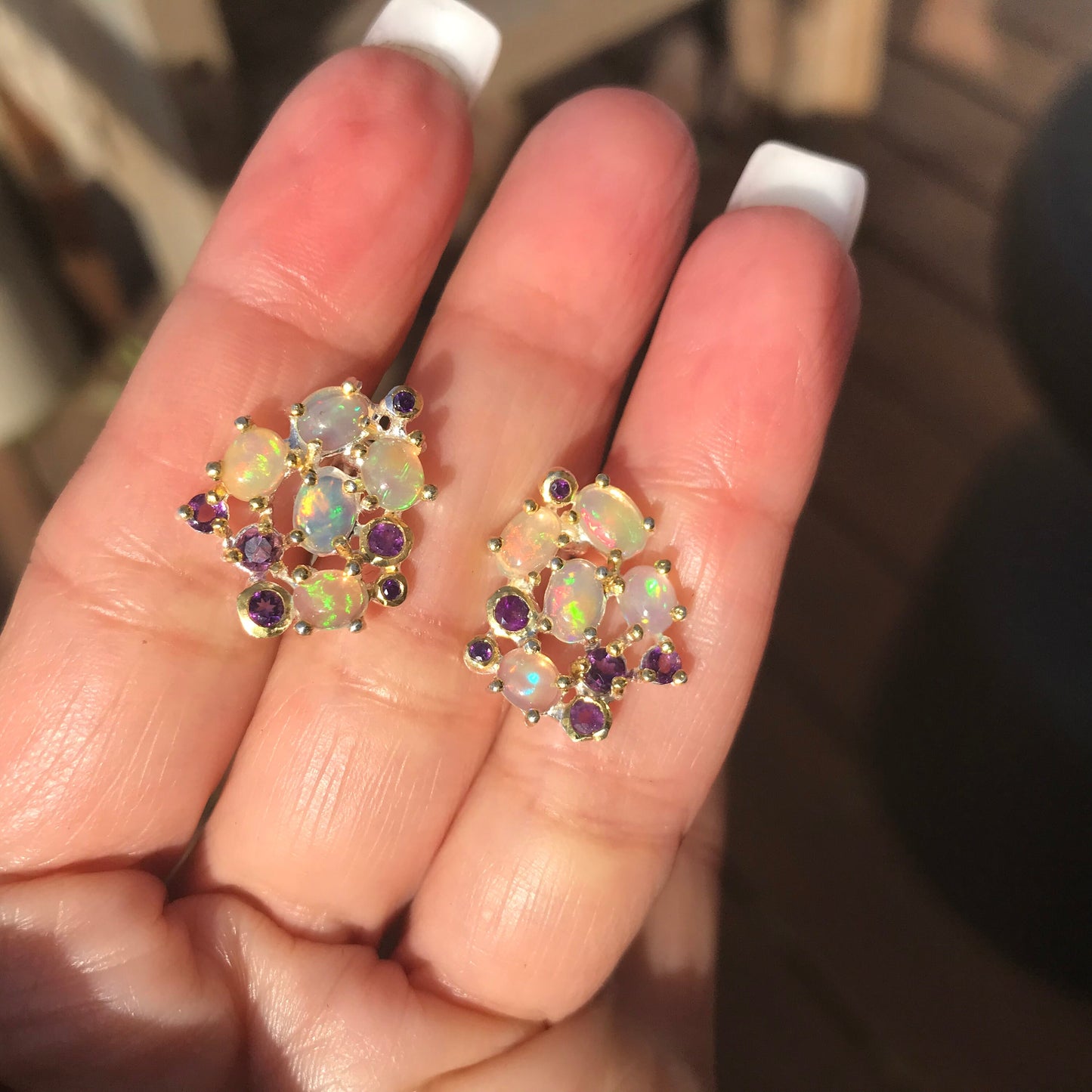 sterling silver natural Rainbow Natural Opal Amethyst  stud earrings