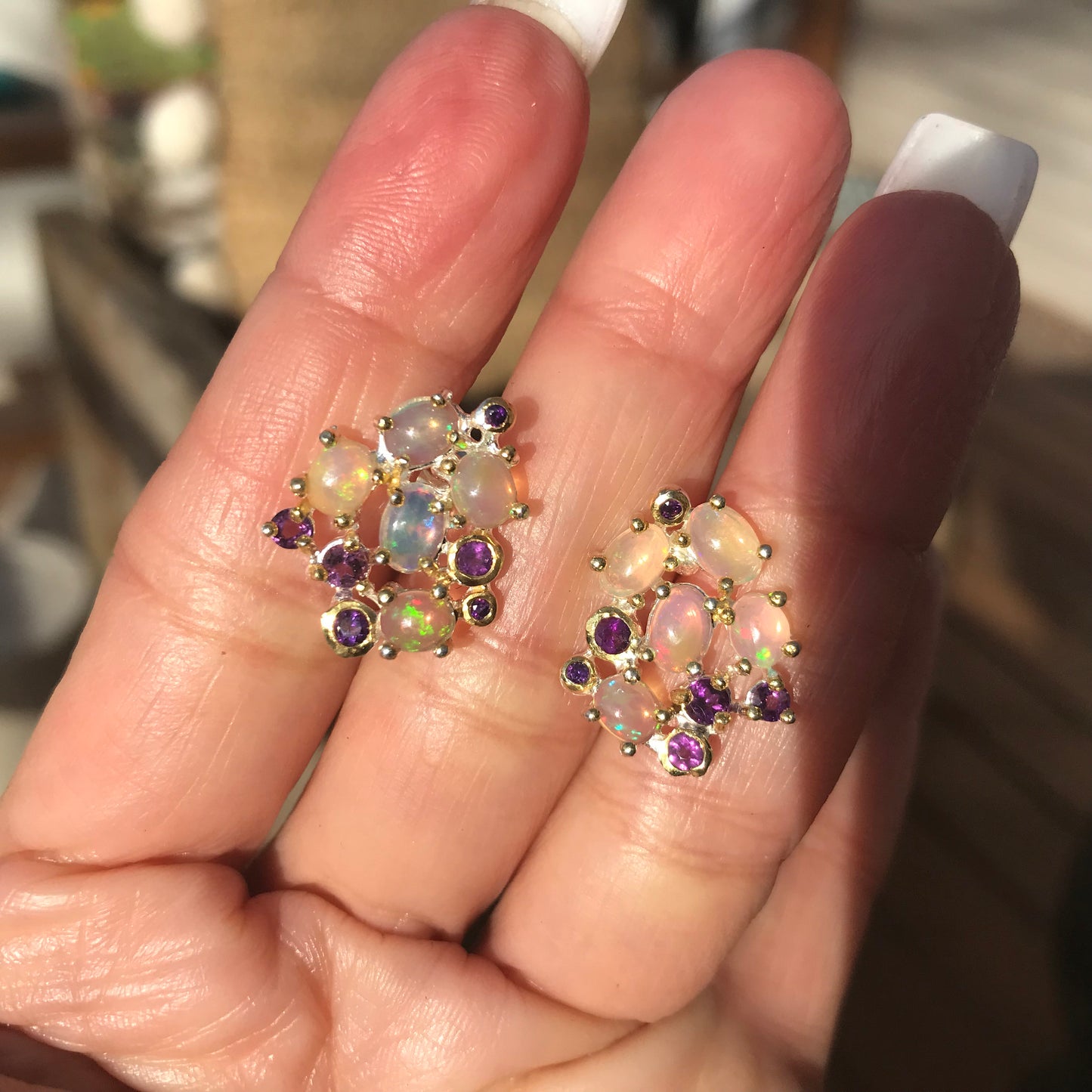 sterling silver natural Rainbow Natural Opal Amethyst  stud earrings