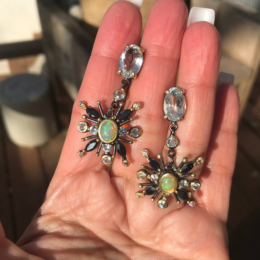 Sterling Silver Rainbow Natural Opal topaz sunburst earrings