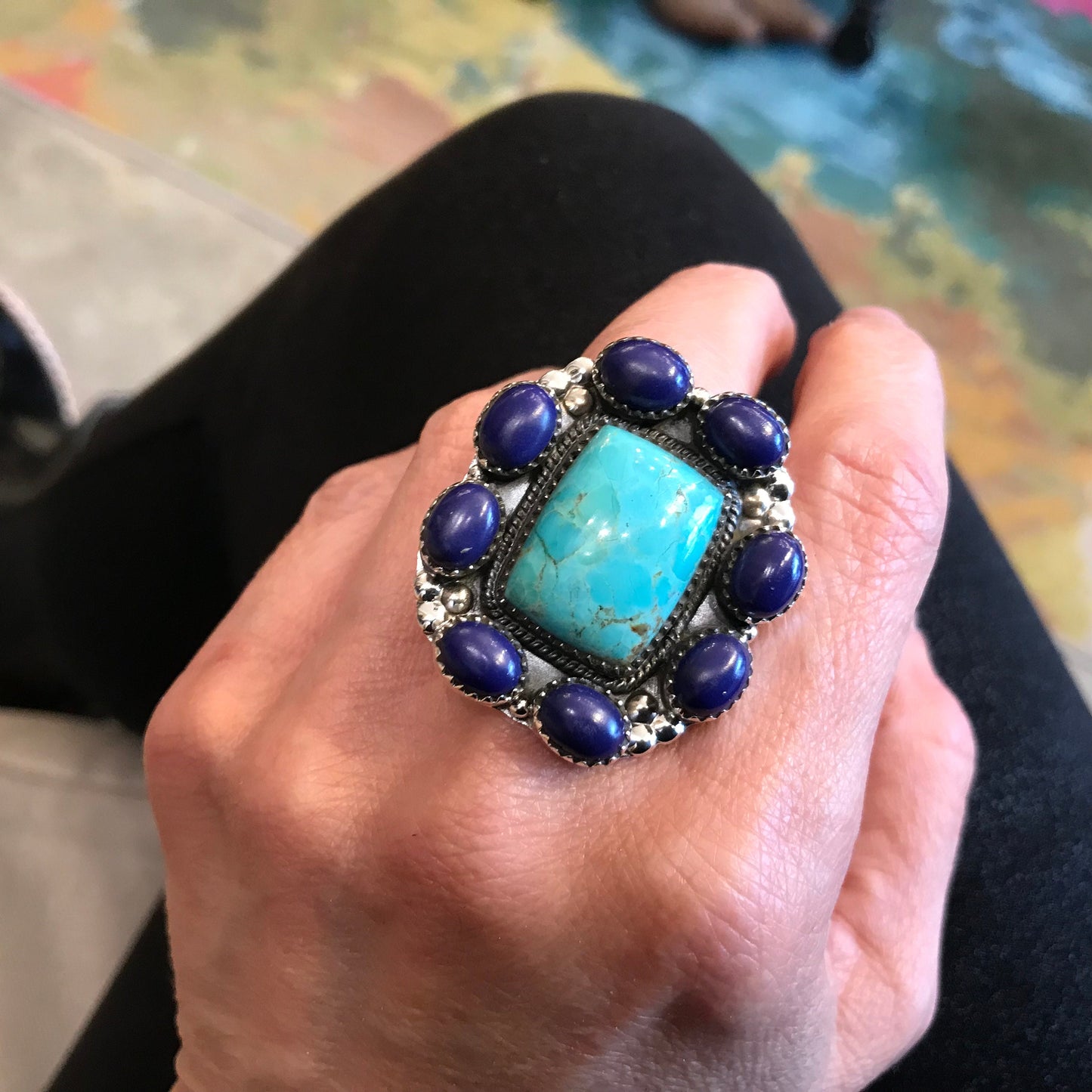 Sterling Silver turquoise  lapis lazuli  huge adjustable Ring