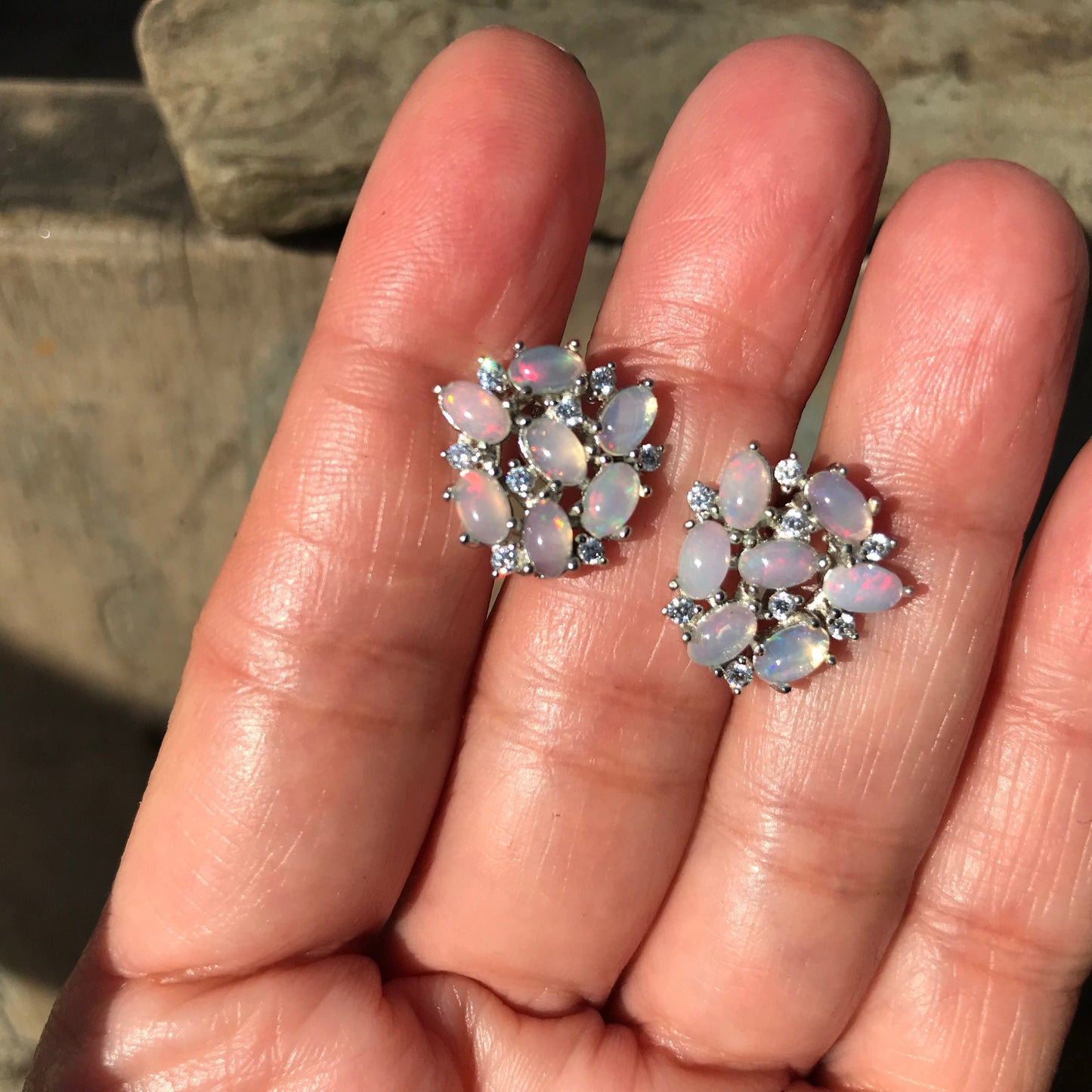 sterling silver natural Rainbow Natural Opal  stud earrings