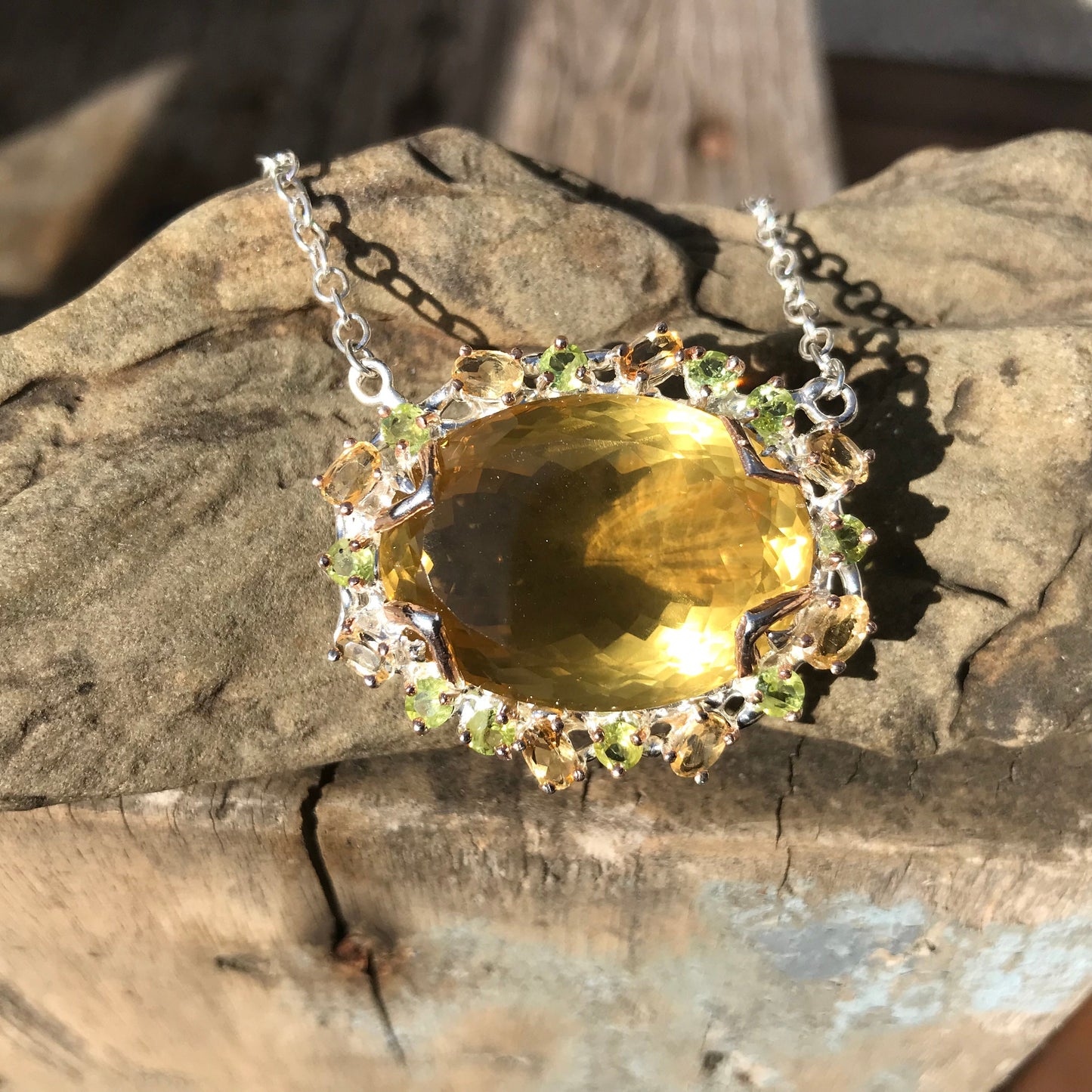 sterling silver Natural 60ct lemon quartz peridot citrine pendant necklace