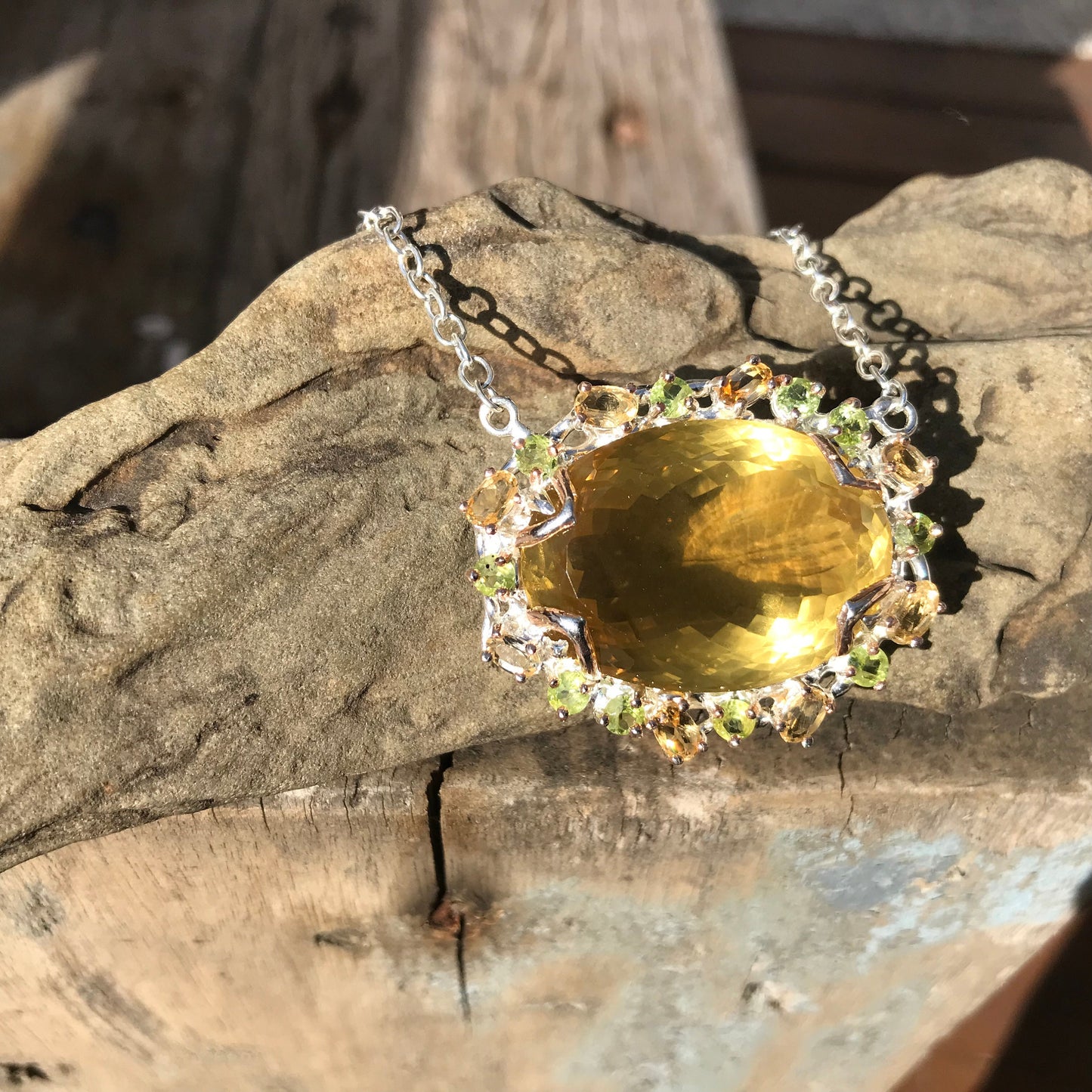 sterling silver Natural 60ct lemon quartz peridot citrine pendant necklace