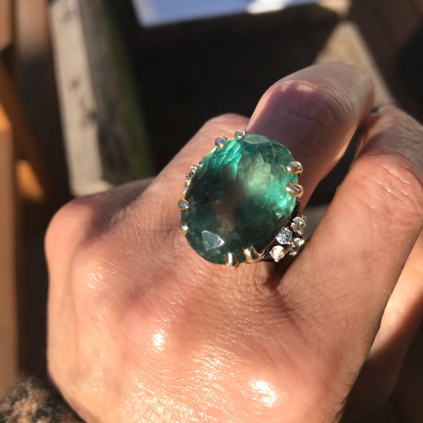 Sterling  silver emerald  green fluorite statement ring 8.5