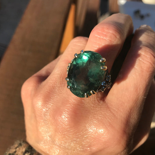 Sterling  silver emerald  green fluorite statement ring 8.5