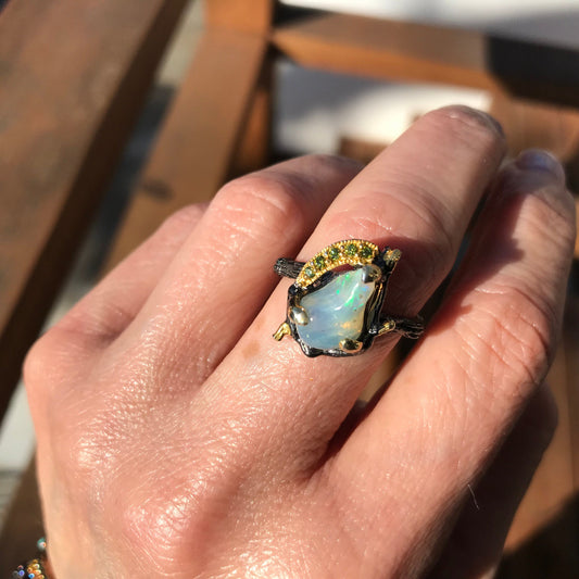 Sterling silver natural fire opal ring 9