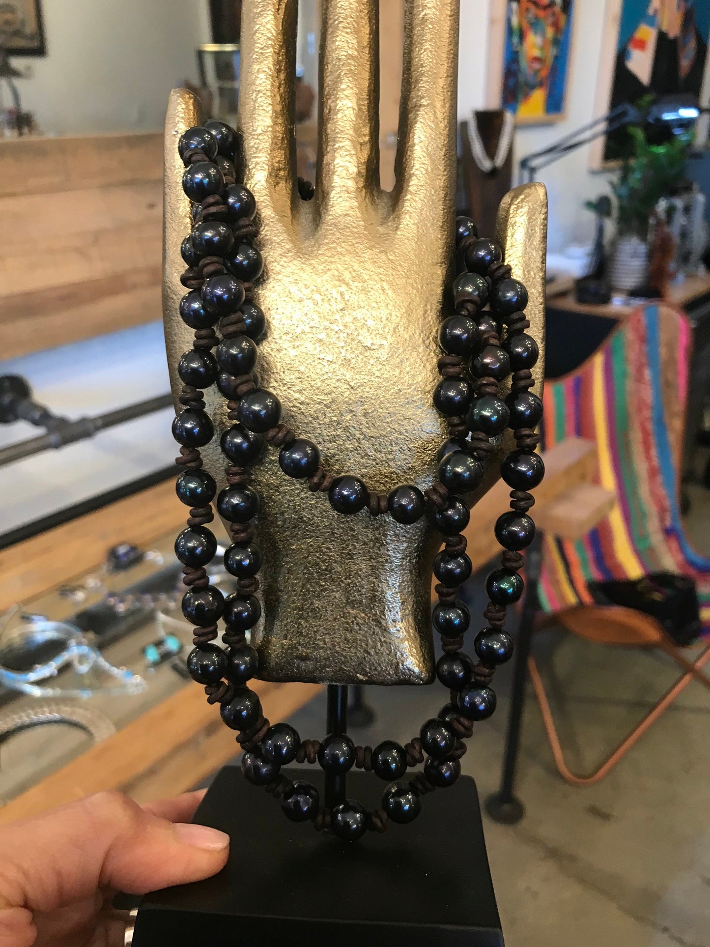 Natural  pearls black leather necklace 46”