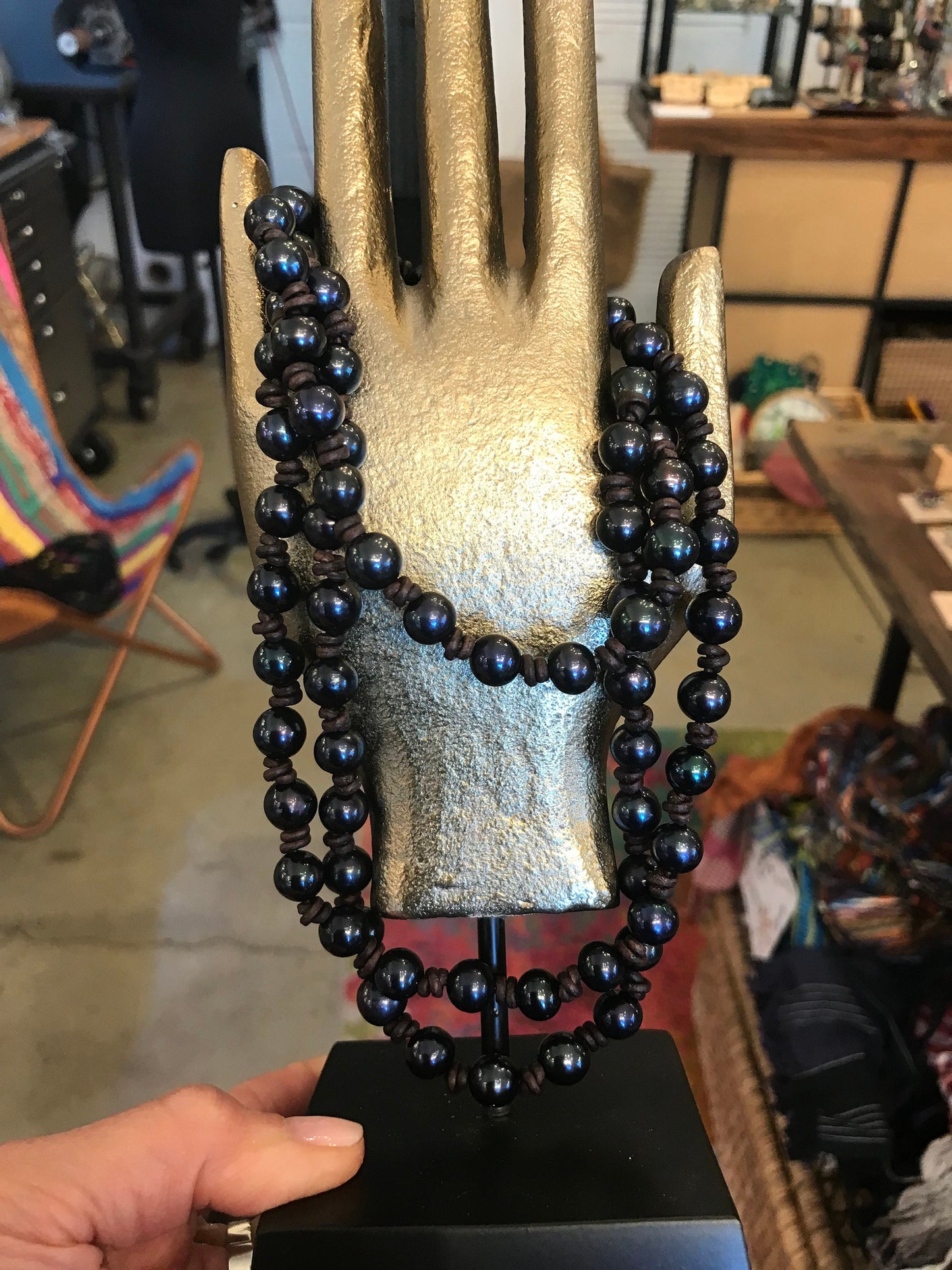 Natural  pearls black leather necklace 46”