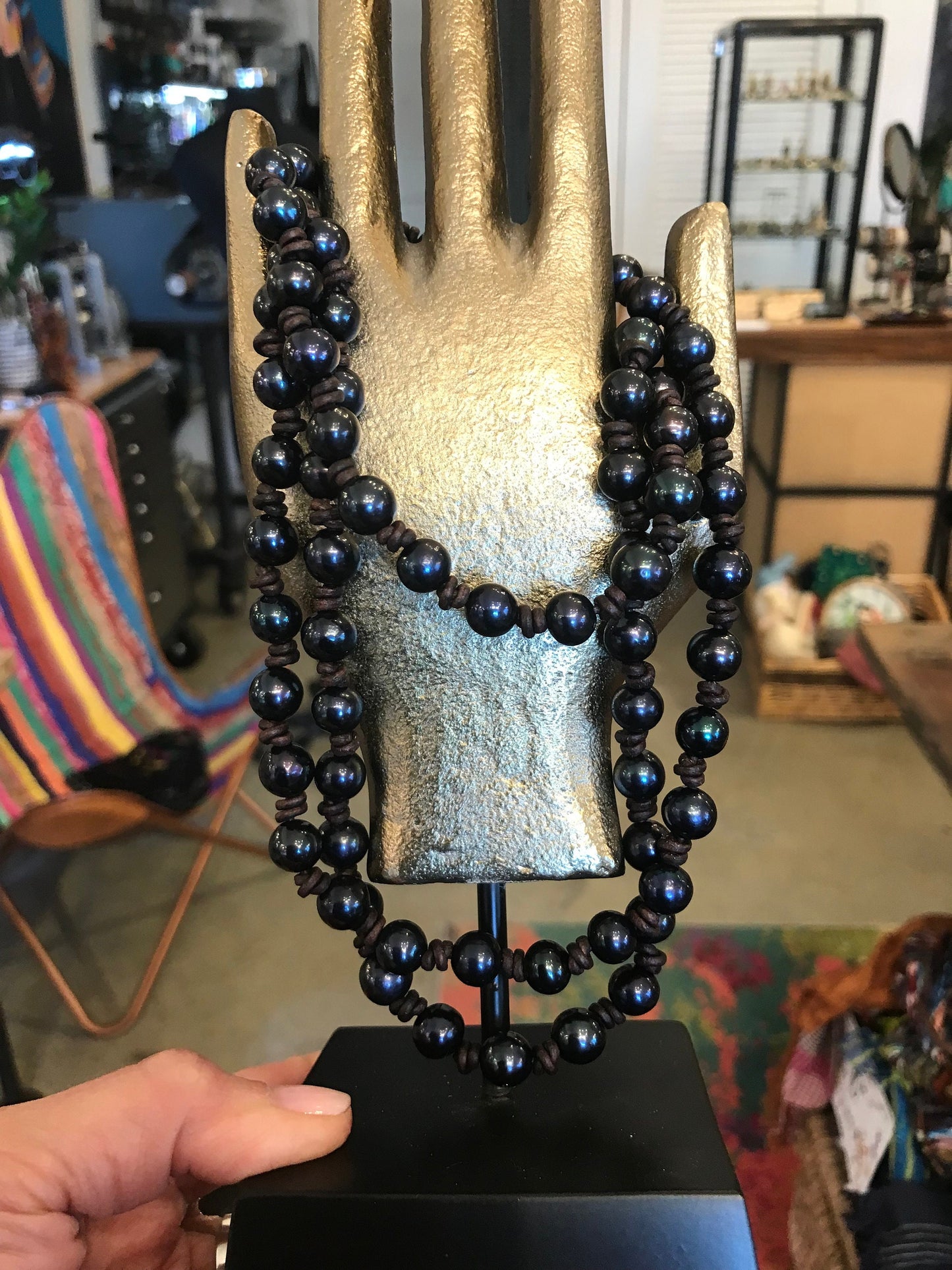 Natural  pearls black leather necklace 46”