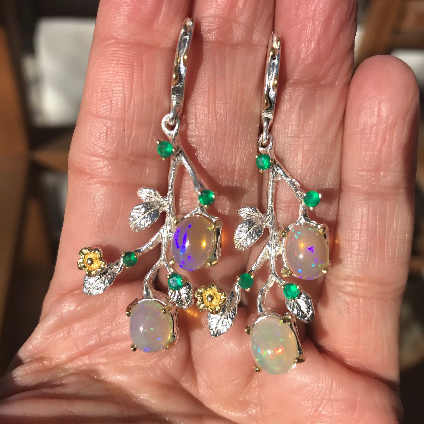 Sterling Silver fire opal  earrings Natural  art to wear