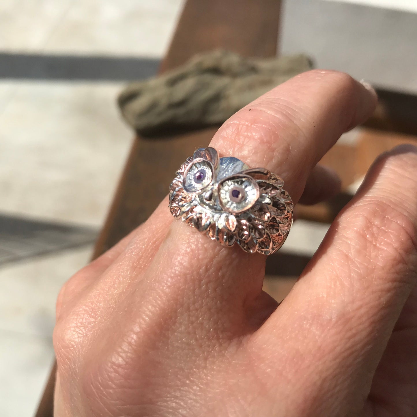 sterling silver statement handmade Owl  amethyst ring 8.5