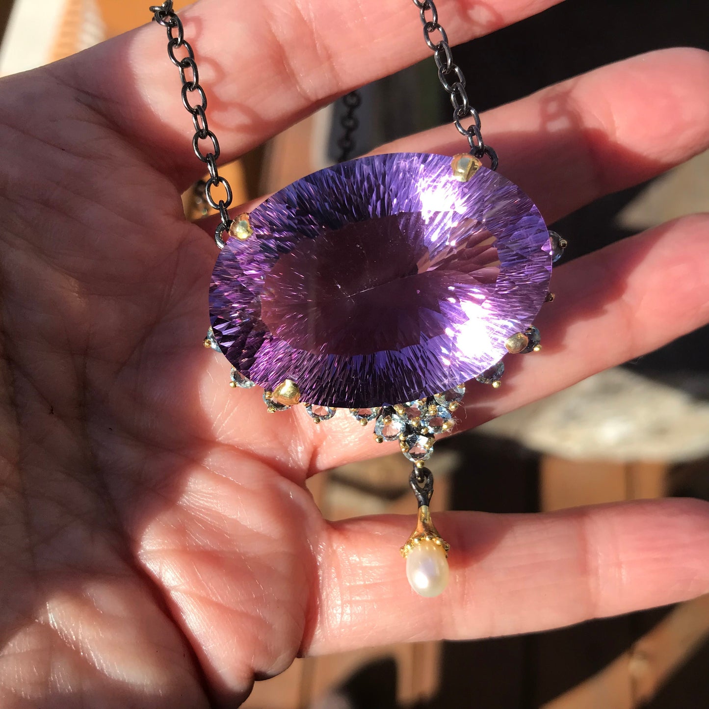Artisan sterling silver amethyst oversize statement pendant necklace