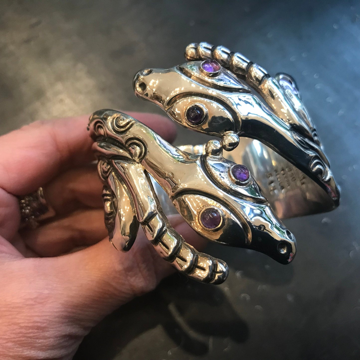Sterling Silver vintage snake amethyst Statement Repousse Cuff Bracelet