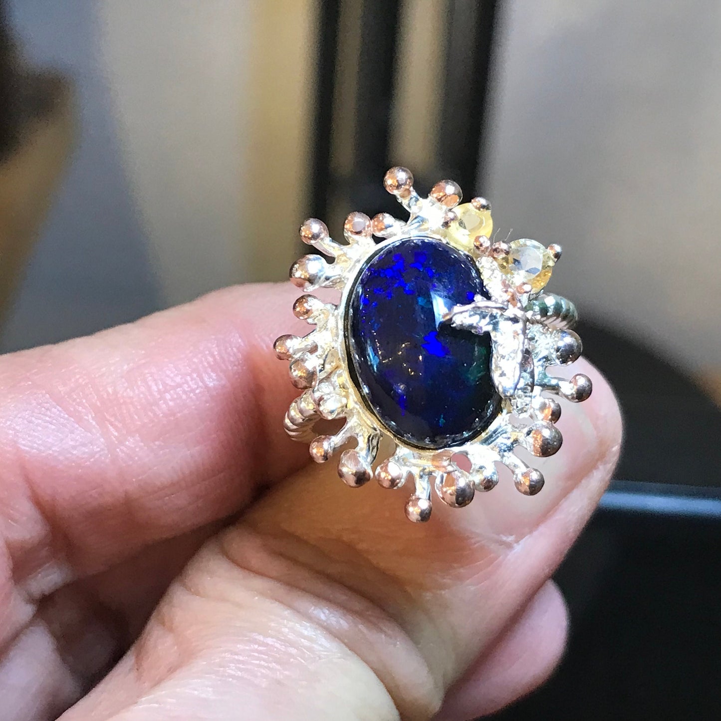 sterling silver Natural black  blue Fire Opal statement ring 8.5