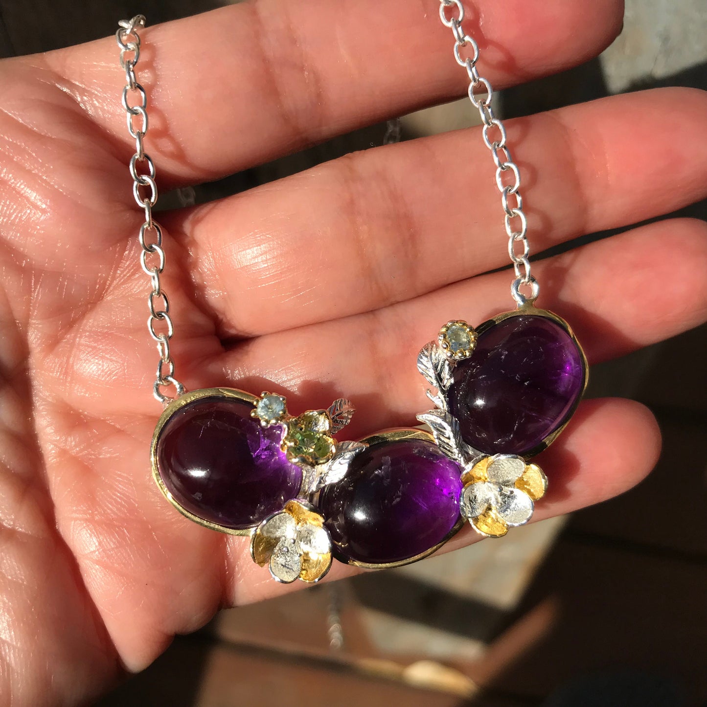 sterling silver Amethyst topaz peridot natural art necklace