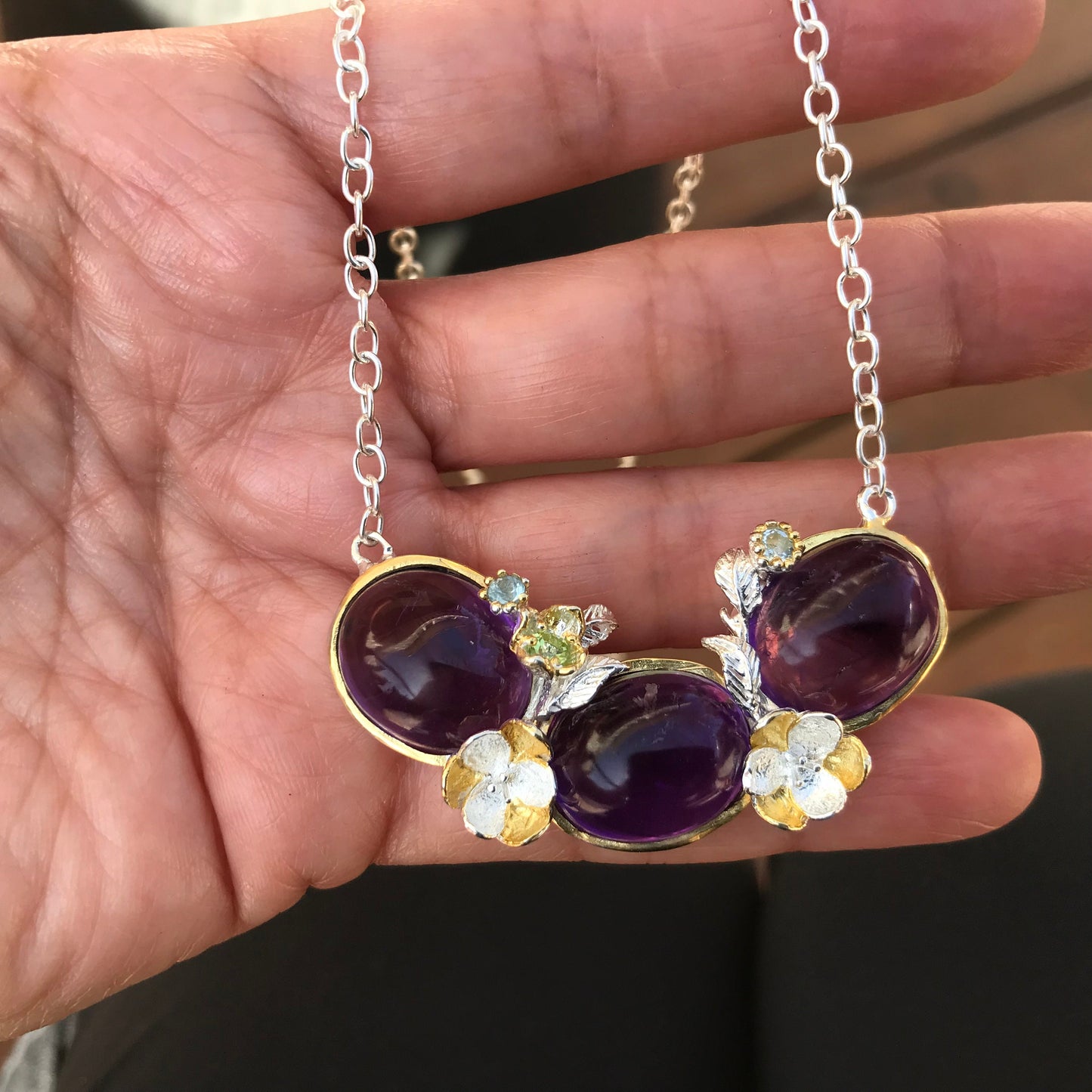 sterling silver Amethyst topaz peridot natural art necklace