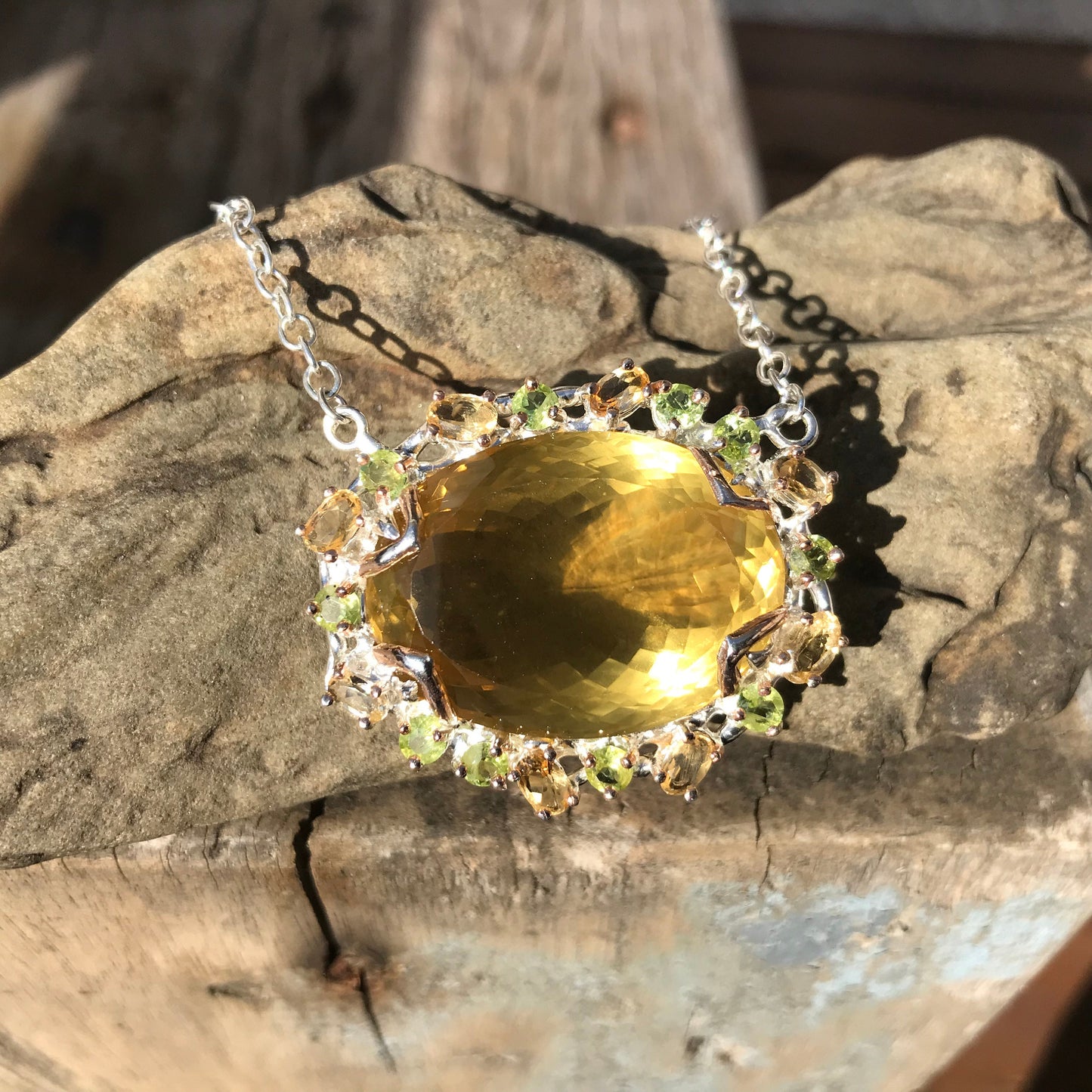 sterling silver Natural 60ct lemon quartz peridot citrine pendant necklace