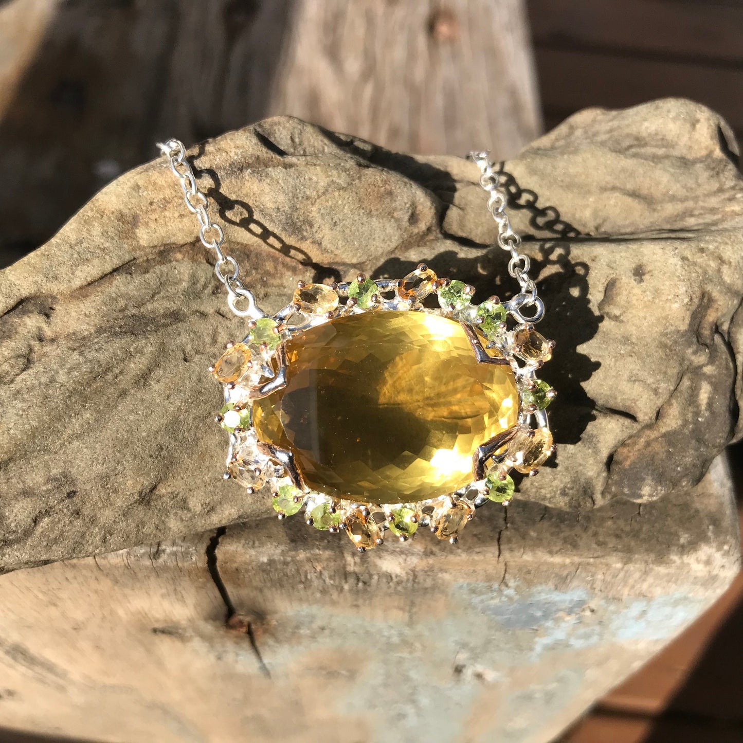 sterling silver Natural 60ct lemon quartz peridot citrine pendant necklace