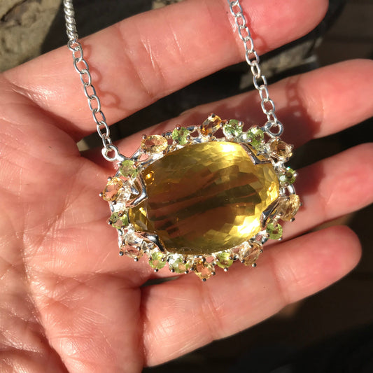 sterling silver Natural 60ct lemon quartz peridot citrine pendant necklace