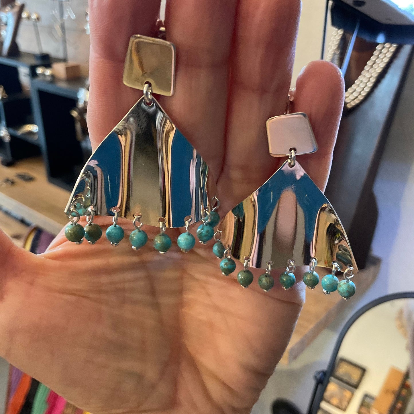 Sterling  Silver modernist large long dangle earrings flamenco turquoise