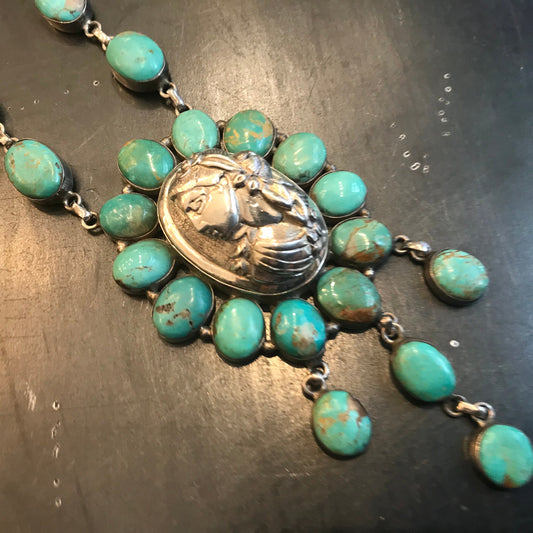 Sterling silver natural turquoise statement Cameo  necklace