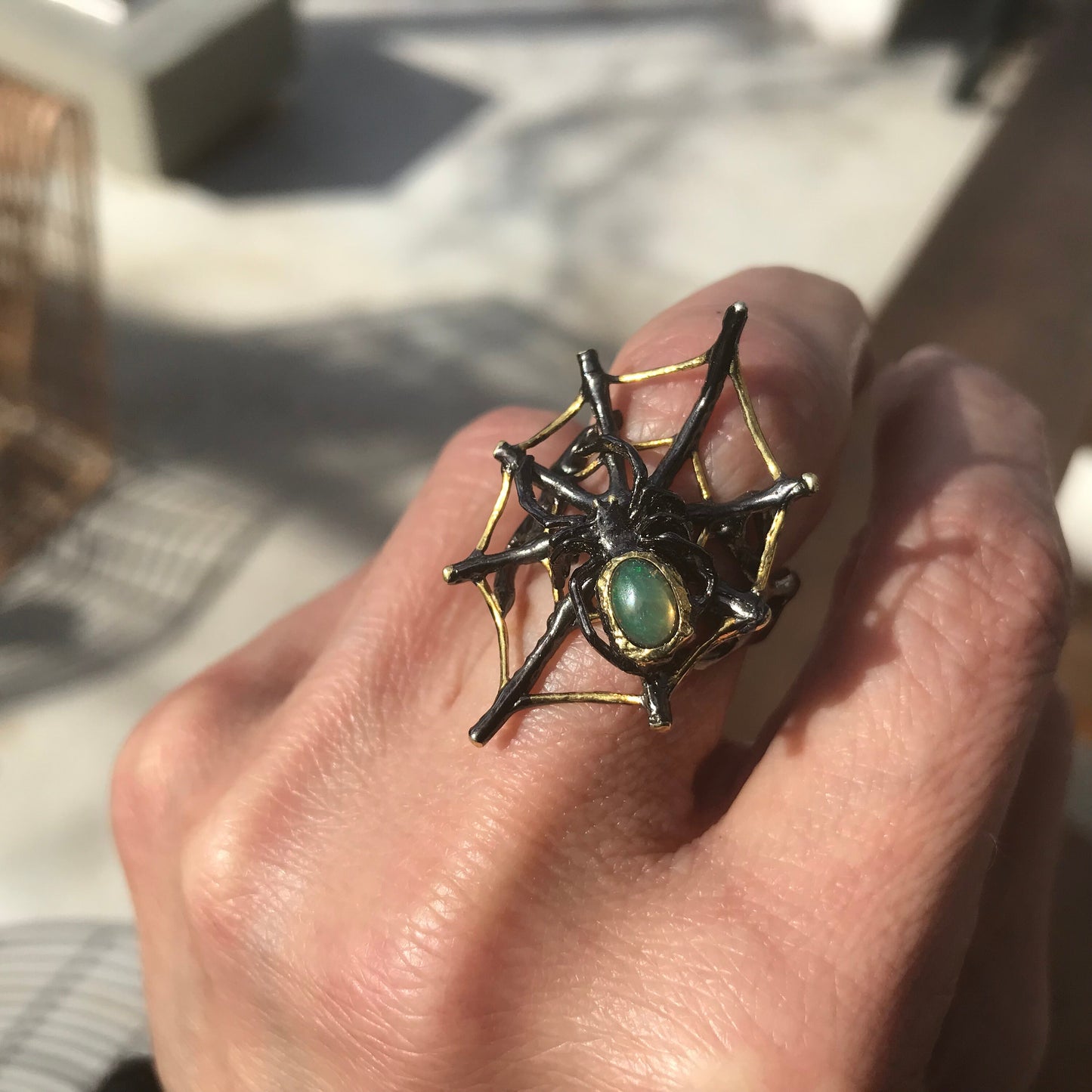 Sterling Silver spider web Handmade Fire Opal Artisan ring 7
