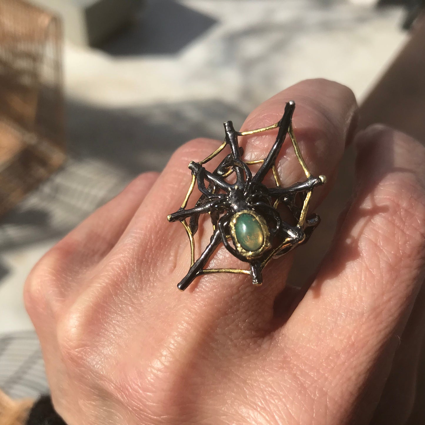 Sterling Silver spider web Handmade Fire Opal Artisan ring 7