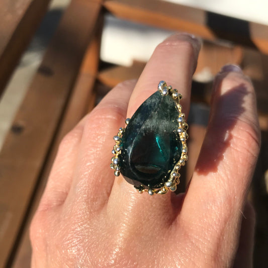 Sterling  silver green fluorite statement pear shape ring 9