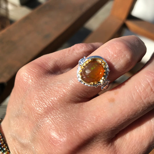 sterling silver natural Rainbow orange fire opal  band ring 6.5