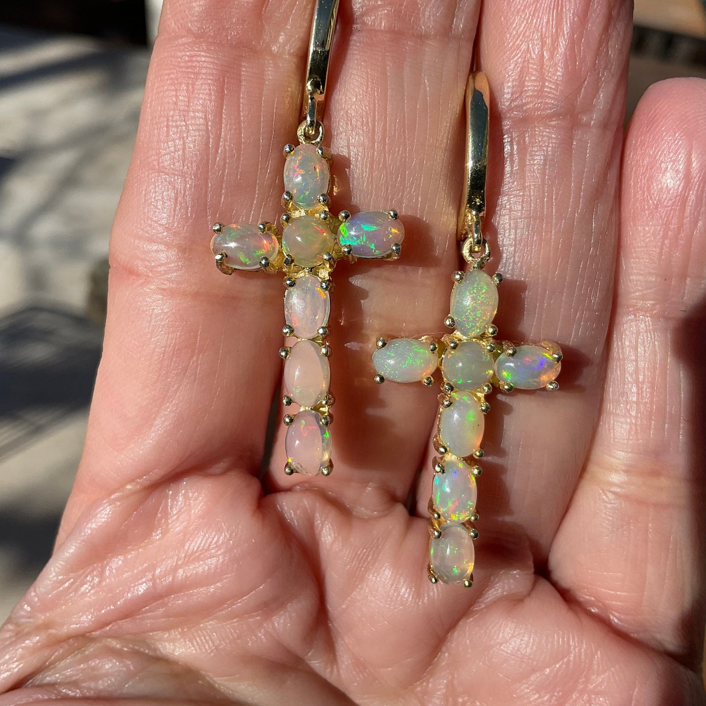 sterling silver gold Rainbow Natural opals Cross dangle earrings