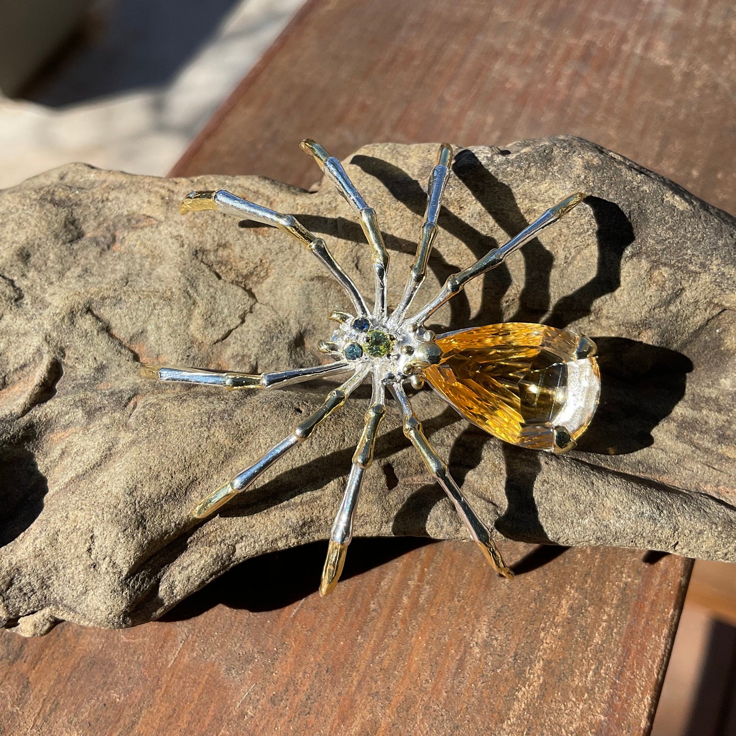 Handmade Sterling Silver modernist spider Brooch Pin citrine