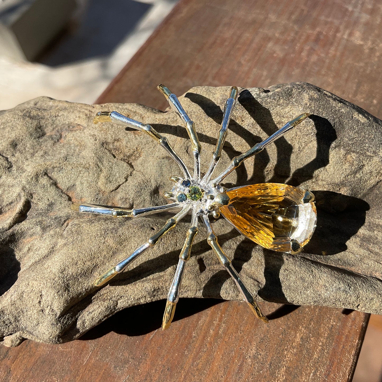 Handmade Sterling Silver modernist spider Brooch Pin citrine