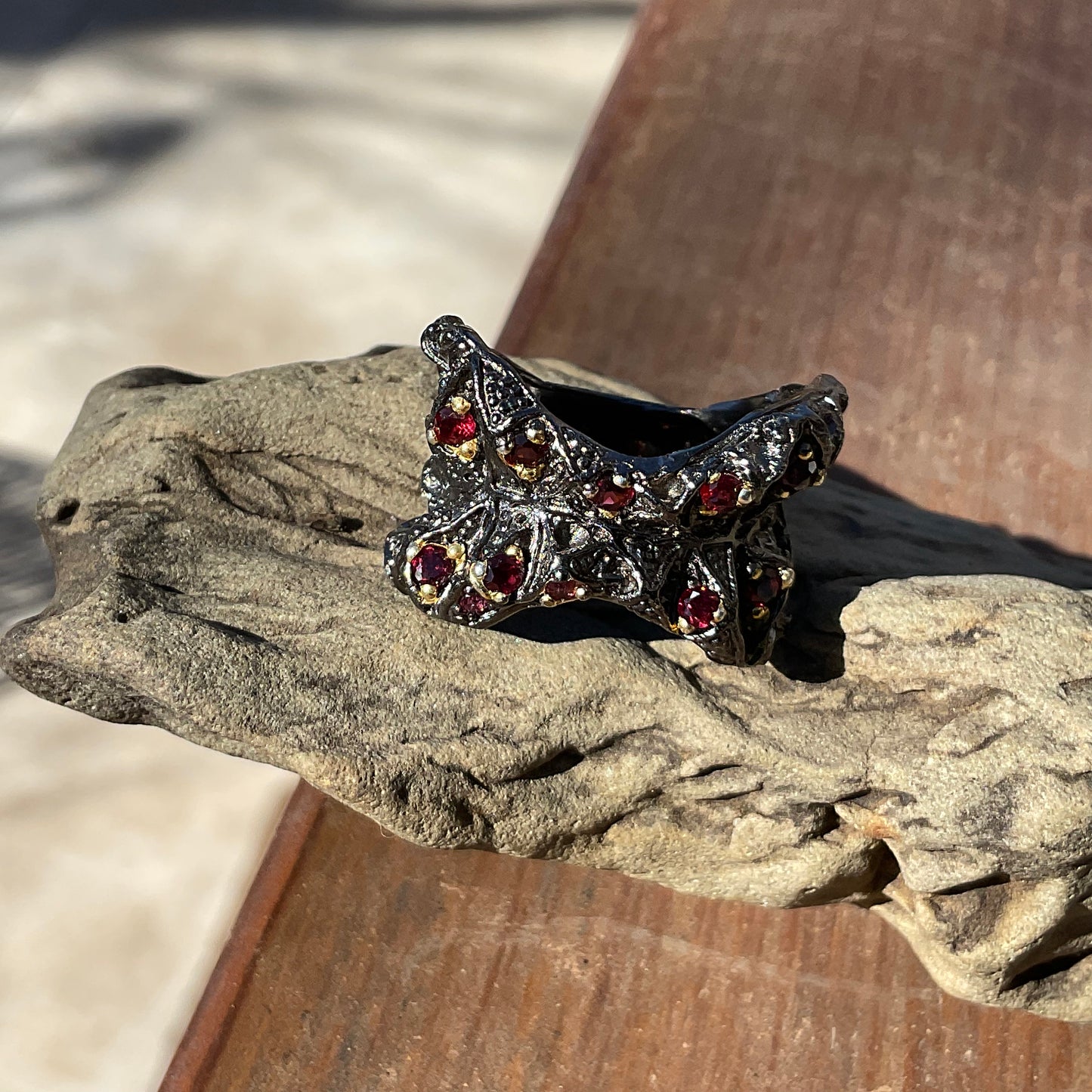 Handmade Sterling Silver Brutalist abstract rhodolite Band  ring 8.5