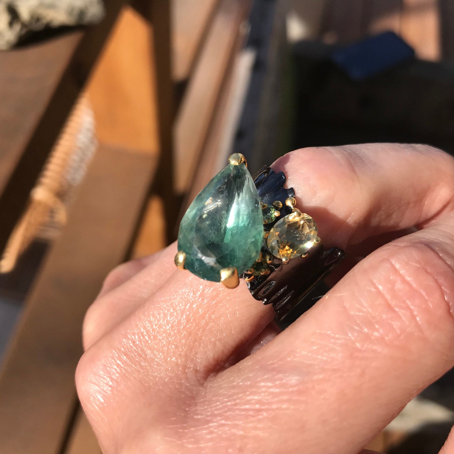 Sterling  silver emerald  green fluorite citrine band ring 9