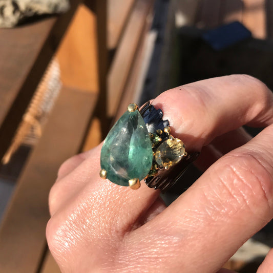 Sterling  silver emerald  green fluorite citrine band ring 9