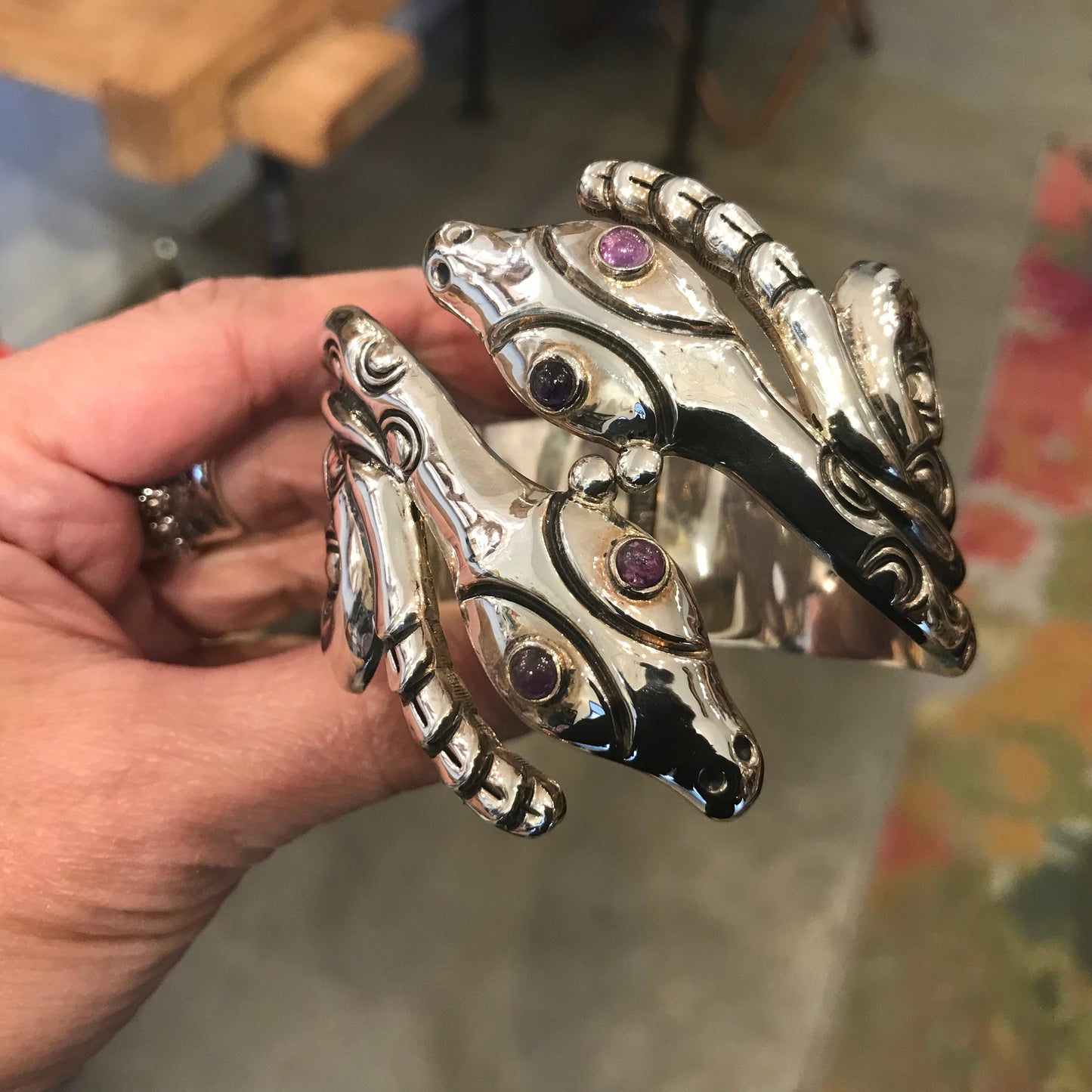 Sterling Silver vintage snake amethyst Statement Repousse Cuff Bracelet