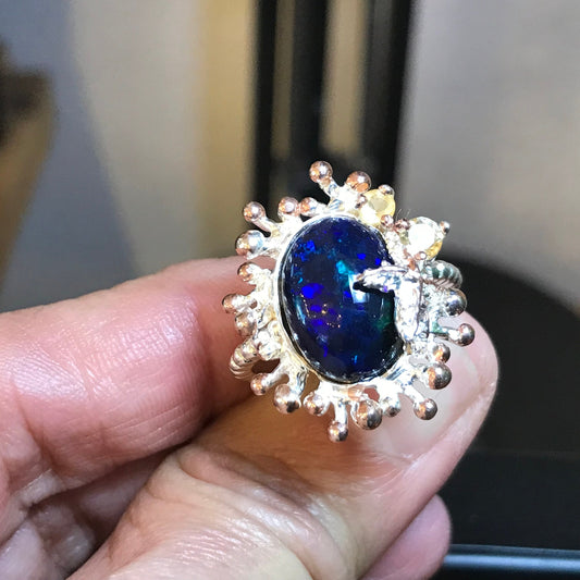 sterling silver Natural black  blue Fire Opal statement ring 8.5
