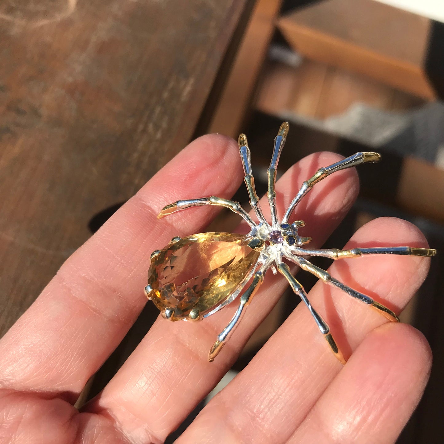 Handmade Sterling Silver modernist spider Brooch Pin citrine 24ct