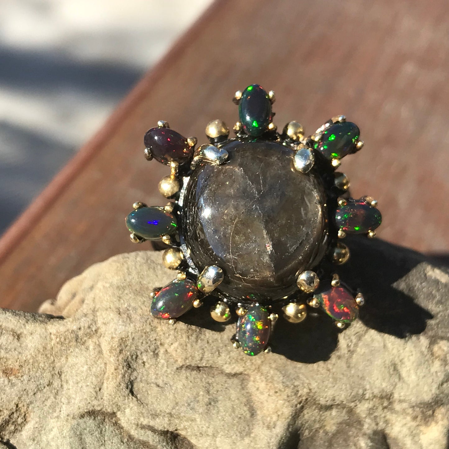 Sterling Silver black  sapphire opal Etnika ring sunburst 8