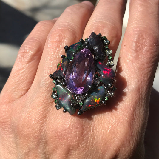 Sterling Silver Amethyst heirloom Fire Rainbow sapphire opal ring 7