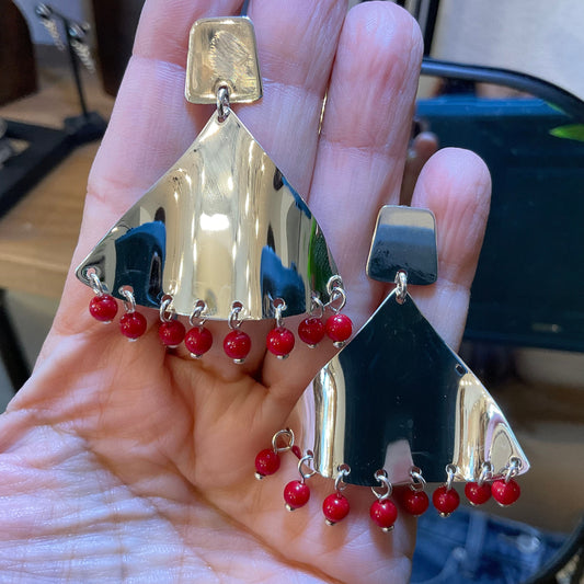 Sterling  Silver modernist large long dangle earrings flamenco red coral