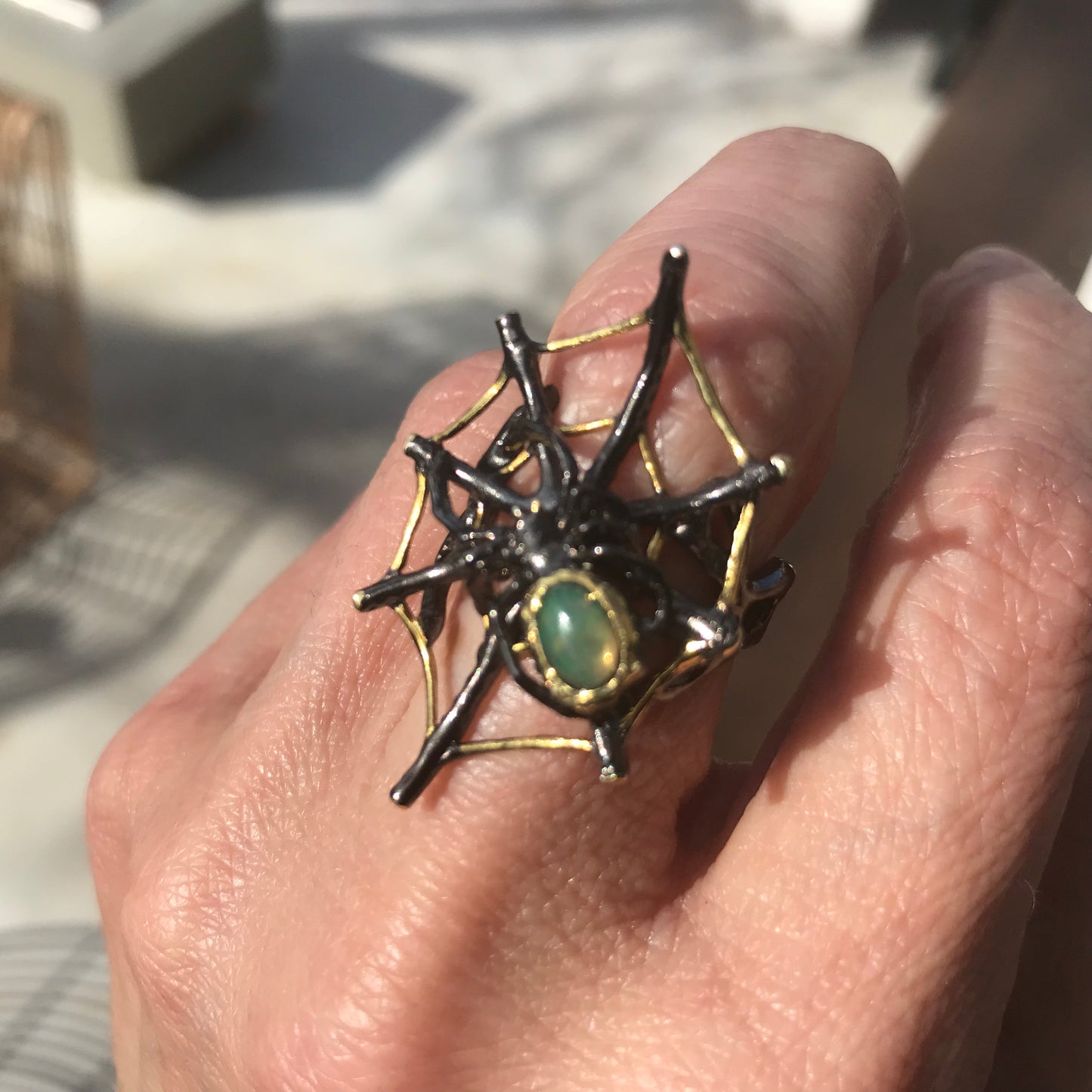 Sterling Silver spider web Handmade Fire Opal Artisan ring 7